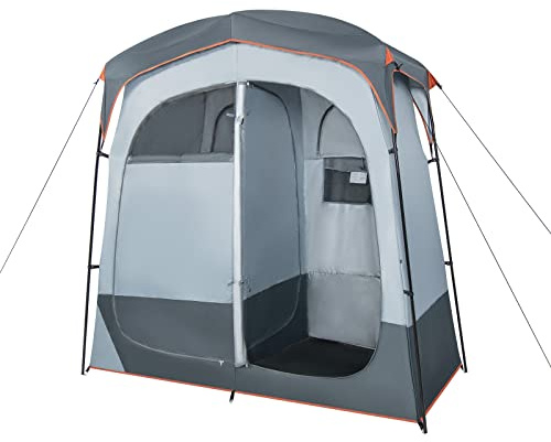 GYMAX Tente de Douche de Camping pour 2 Personnes, Cabine d'Essayage pour Voyage, 2 Espaces Isolés avec Sac de Rangement et Crochet, Structure Robuste avec Corde à Ligne