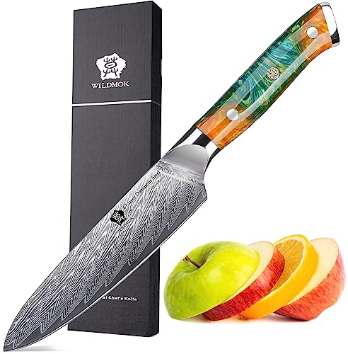 WILDMOK Couteau de cuisine – Couteau polyvalent pour éplucher les dés, 12,9 cm, acier Damas VG10 67 couches, manche en résine professionnel ultra tranchant, solide et durable