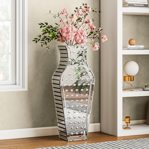 SHYFOY Grand Vase a Poser au Sol, Grand Vase Décoratif Miroir avec Incrustation de Cristal, MDF, Vases Haut Salon, 70 x 29 x 15 cm, Argent