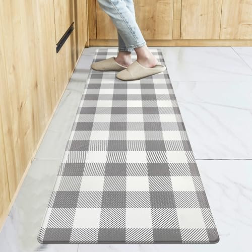 Aoczes Küchenmatte, Anti-Ermüdungs-Matten für Küche, Bodenläufer, 43 x 150 cm, Grau und Weiß, Büffelkariert, Küchenteppich, wasserdicht, Komfortmatte für Stehspüle, Büro, Schreibtisch, Wäsche