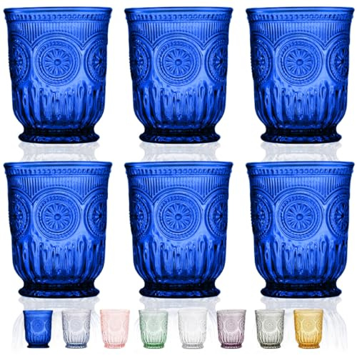 Cobalt Blue Glassware drinking glasses Set of 6, Handcrafted 8-Ounce Cups with Vintage Sunflower Pattern, Sturdy Lead-Free, Dishwasher Friendly blue drinking glasses with matching highball and goblets