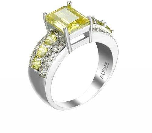 AMDXD 14K Au585 Weiß Gold Antragsring, Breiter Ring Citrin Eheringe Bandringe Gelb, Gold 585 Moissanit Hochzeitsband Partnerringe Echt Goldschmuck, Gr.48 (15.3)
