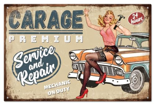 GLOBLELAND Targa In Metallo Pin Up Woman Targa In Ferro Vintage Artistica Poster Retro Garage Decorazione Da Parete Servizio Riparazioni Targhe In Metallo con Pittura In Ferro 12x8 Pollici