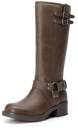 DREAM PAIRS Women's Knee High Boots Side Zipper Motorcycle Boots Square Toe Chunky Low Heel Fashion Buckles Biker Riding Boots,Size 9,Brown-Nubuck,SDKB2412W