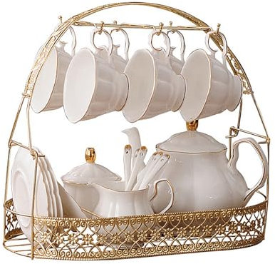 Tea Set,15 Pieces Simple White English Ceramic Tea Sets,Tea Pot,Bone China Cups Without Metal Holder,Matching Spoons,Afternoon Tea Set Service Coffee Set (Color : White)