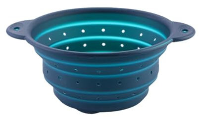 Silikon Faltbares Seiher Sieb, Klappbar Abtropfsieb, Zusammenklappbares Nudelsieb, Hochwertiges geruchloses BPA-freies Silikon & Kunststoff, Platzsparender Küchen Filterkorb (Blau, 23.5x9.2cm)