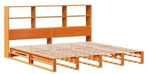 vidaXL Säng med bokhylla utan madrass vaxbrun 200x200 cm massiv trä, säng, sovrumsmöbler, trä säng, dubbelsäng, träram, sängbotten