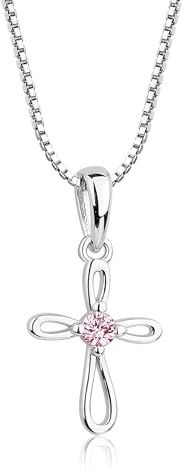 Cherished Moments Girl's 925 Sterling Silver First Communion Gift Infinity Cross Pendant Necklace with Pink CZ, 14 Inch