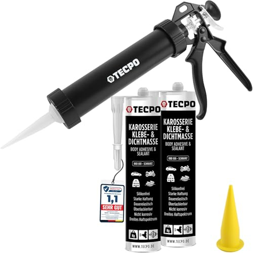 TECPO Klebe- und Dichtmasse, 2X 370g schwarz Karosseriekleber mit Aluminium Kartuschenpresse