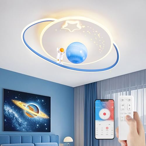 RRBEST Plafonnier pour Chambre d'enfant, 46W LED Plafonnier Astronaute Créatif Dimmable avec Télécommande, 3000-6000K, 50cm Lampe de Plafond pour Garçon Fille Chambre, Blanc-Balle bleue