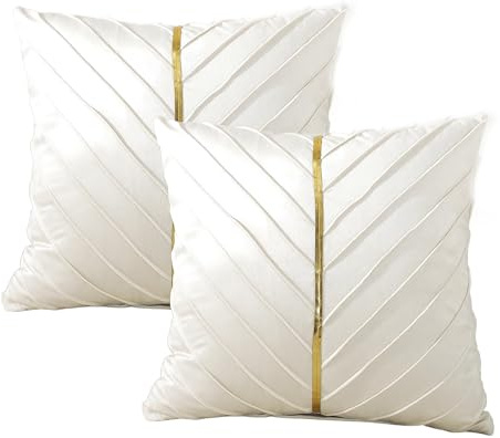 TAOSON Beige Velvet Throw Pillow Covers,Pack of 2 with Gold Leather Valentines Day Decor Couch Pillowcases Luxury Modern Pillow Cover for Wedding Living Room Bedroom Sofa Cushion Bed, 18x18 inch