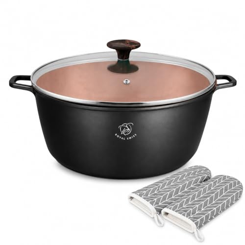 Royal Swiss Kochtopf Ø 28cm 6 L xl, Aluminiumguss Topf mit Marmor-Antihaftbeschichtung, Induktionsgeeignet Backofenfest, Glasdeckel, Abnehmbare Silikongriffe, camping, backen, Schwarz