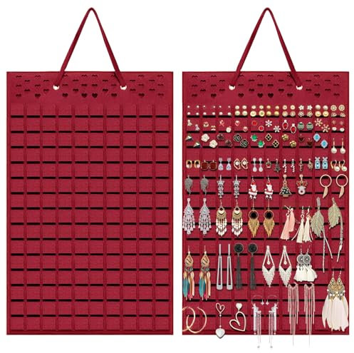 GANILITY 2 Stück Ohrringhalter Organizer, Ohrring Organisator, zum Aufhängen Hält Bis zu 300 Paar, Ohrringe Schmuckständer, Ohrringhalter mit 150 Filzen, für die Aufbewahrung von Ohrringen, Rot