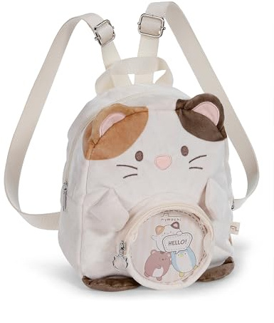 NICI mymochi ryggsäck med katten Angy, 23 x 21 x 9 cm, vit, plyschryggsäck i kawaii-design med justerbara remmar, för stora och små, perfekt för dagis eller förskola - 61822