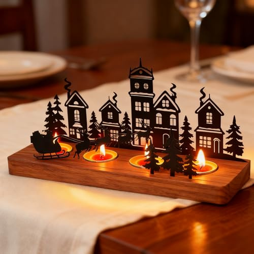 OuMaiFeng Weihnachtsdeko,Advent Kerzenhalter,Adventskranz Modern Schwarz für 4 cm Teelicht,Weihnachten Deko,Adventskranz Künstlich Metall mit Holz Haltern,Weihnachtsdeko Tisch,Deko für Wohnzimmer