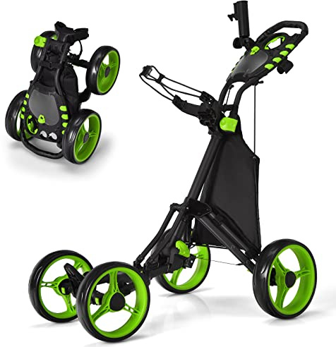 COSTWAY Carrello da Golf a Spinta e a Trazione, Carrello Golf Pieghevole Leggero a 4 Ruote con Borsa Impermeabile, Freno a Pedale, Porta Tazza e Porta Ombrello Regolabile (Verde)