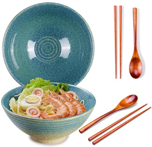 Ceraozmus Ramen Bowl Set Made of Ceramic Set of 8, 2X Ramen Bowl with Chopsticks Ceramic Bowl & Frame Spoon for Asian Noodles and Udon (Solid Blue 2 Sets)