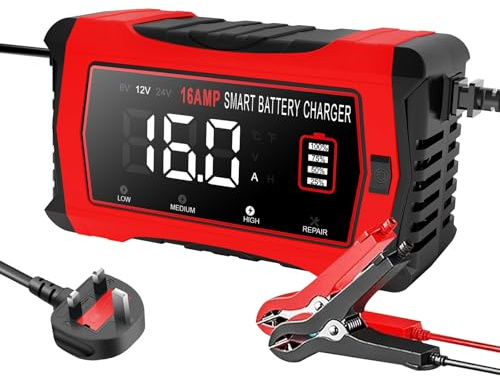 16A Car Battery Charger, 6V/12V/24V Battery Charger for Lead Acid with Temperature Compensation, Smart Ten-Stage Trickle System,Suitable for Cars, Trucks, Lawn Mowers, Boats, And Marine Equipment