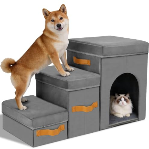 Nobleza Escalera para Perros Pequeños 3 Peldaños, 77x36x44cm, Gris | Almacenable, Desmontable, Plegable