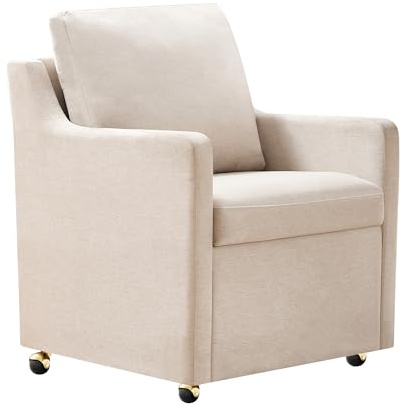 VIKAYAMICS Modern Dining Chair, Linen Upholstered Dining Chairs with Back Pillow and 4 Casters, Accent Armchair for Reading Room Living Room Bedroom (Beige-1 Seat)