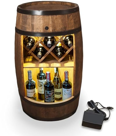 CREATIVE COOPER Fassbar mit Weinhalter und LED - Weinregal - Holzfass Hausbar 80cm - Rustikaler deko Barschrank Weinständer – Fass, Bar Whisky Weinschrank (Dunkelbraun) 230/12V
