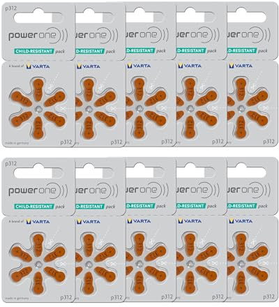 60 Power one Mercury Free Hearing Aid Batteries Size 312