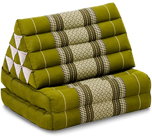 livasia Thaikissen mit 2 Auflagen - 120x50x8cm - Dreieckskissen mit Sitzkissen, Keilkissen mit Kapok, Rückenkissen faltbar, Thaimatte zum Klappen, handgefertigt, Meditationskissen (Grün)