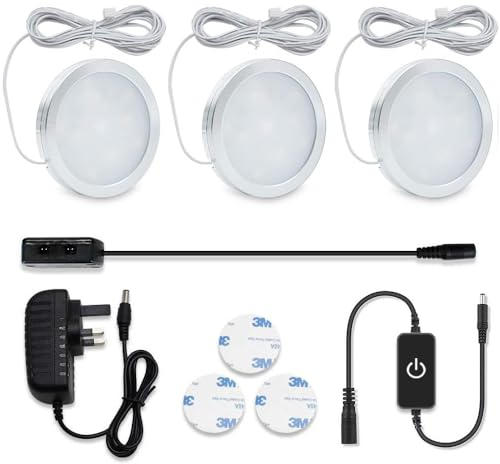 LightingWill LED Under Cabinet Puck Lights, Under Counter Lighting Kit, Dimmable Ultra Thin Closet Lights, DC 12V 3000K Warm White Kitchen Light with Smart Touch Dimmer &12W Power Adapter (3Pack)