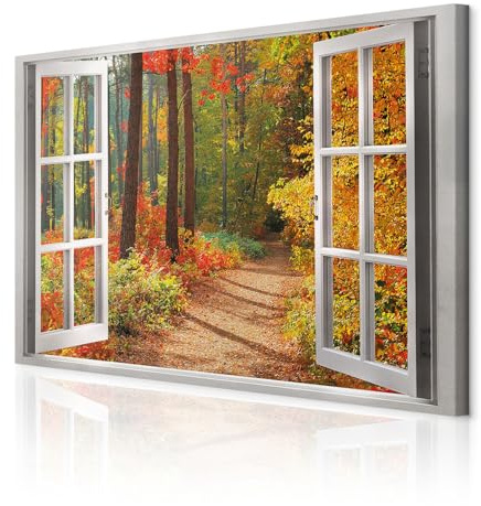 decomonkey Impression sur Toile Foret Fenetre 90x60 1 Pièce Cadre en Bois | Tableau decoration murale, Déco Salon, Peinture sur Toile, Maison, Arbres automne paysage forêt vue depuis la fenêtre