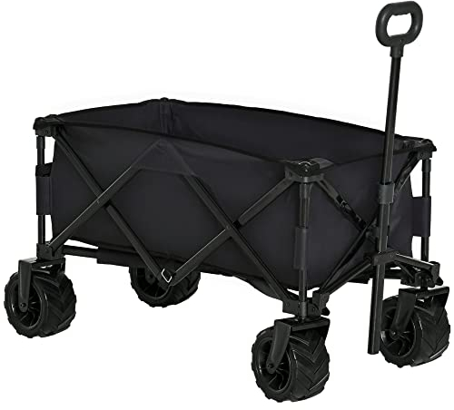 Outsunny Carro Playa Ruedas Grandes con Freno, Carrito de Jardín Plegable con Altura del Manillar Ajustable, Ruedas Giratorias 360°, para Terraza, Patio, Campaña, Compra al Aire Libre, Negro