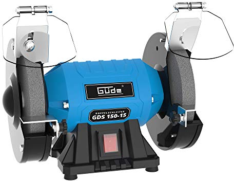 Güde Doppelschleifer GDS 150-15 (250 W, 2980 1/min Motordrehzahl, Grob- & Feinschleifscheibe 36|60 K, 150 mm ø, stabiler Maschinenfuß, kugelgelagerte Schleifachsen, verstellbare Arbeitsauflagen), Blau