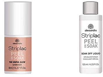 alessandro Striplac Peel or Soak Sinful Glow – LED-Nagellack in glänzendem Nude – 1 x 8ml & Striplac Peel or Soak Soak-Off Liquid – Spezialentferner zur Ablösung von Peel or Soak Striplac – 1 x 125ml
