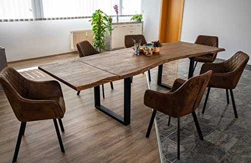 SAM Baumkantentisch 140 (220) x 90 cm Barcelona, Akazienholz massiv & nougatfarben, Esstisch inkl. 2 Ansteckplatten 40 x 90 cm, echte Baumkante, U-Metallgestell in Schwarz