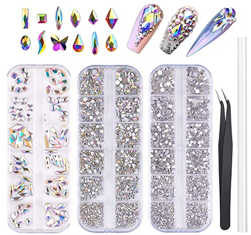 3200 Stück Nägel Strasssteine Set, FITDON Multi-Formen Glas Kristall AB Strasssteine & Kristalle AB Glitzersteine & klare Nagel Diamant für Dekorationssets DIY Juwel Charms Nagelkunst Zubehör