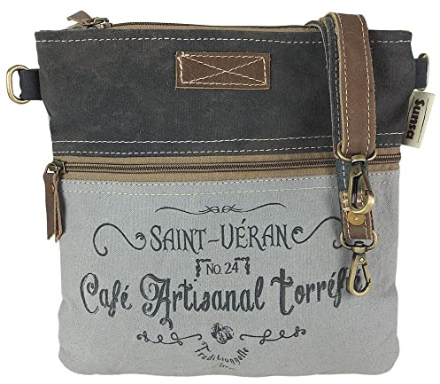 Sunsa Damen Umhängetasche. Schultertasche aus Canvas & Leder. Vintage Crossbody Tasche. Nachhaltig Retro Handtasche als Geschenkideen für Frauen (grau/schwarz) | Retro Schultertasche mit viel Reißverschluss Fächer. Damentasche für Alltag, Freizeit & Reise mit verstellbaren Henkel