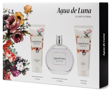 AGUA DE LUNA - Elixir Floral Colonia 100 ml + Crema Corporal 75 ml + Gel de Baño 75 ml, Estuche de Regalo Mujer, Eau de Toilette Femenina, Aroma Cítrico y Floral, Fragancia Fresca de Larga Duración