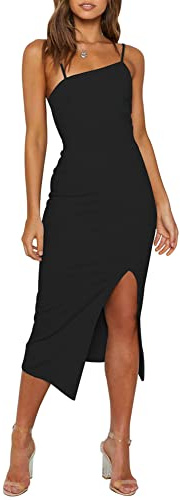 OWIN Women's Cocktail Dress Sleeveless Spaghetti Strap High Waist Split Zipper Bridesmaid Party Midi Dress Black S