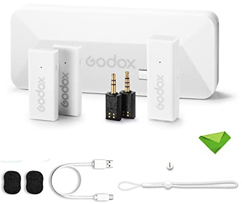 GODOX MoveLink Mini UC Kit 2 Wireless Lavalier Microphone for Android Phone, 2.4G Lavalier Mic 100m(328ft.) Range, Lapel Microphone for DSLR Cameras Vlogging, TikTok, Interviewing, YouTube (White)