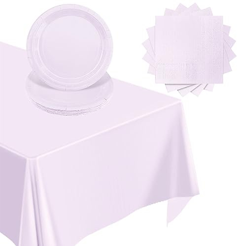 Juego de vajilla de fiesta de 37 piezas, color morado pastel, incluye 16 platos de papel, 20 servilletas y mantel de plástico para cumpleaños y baby shower