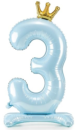 Folienballon 3. Geburtstag Ballon 3 mit Standfuß selbststehende XXL Ballon 3 Geburtstag Junge Kindergeburtstag Luftballon Zahl 3 Hellblau mit goldener Krone