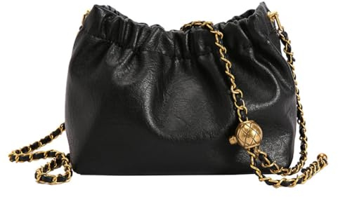 ANKICK Damen Leder Kette Hobo Bag Tote Schulter Handtasche Crossbody Taschen Trendy Kordelzug Kleine Tasche Dating Tote Geldbörse, Schwarz, Small