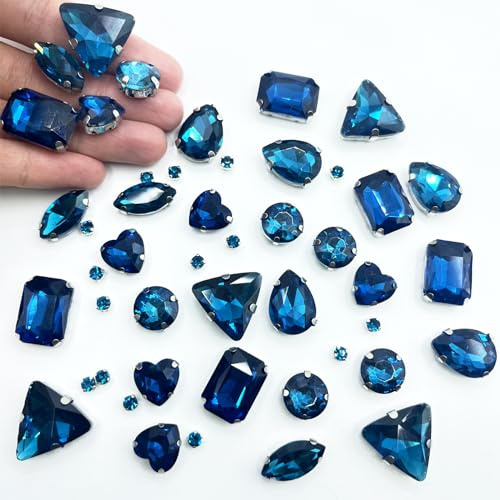Yixinly 236 Stück Strasssteine zum Aufnähen, 7 Formen von Strasssteinen Edelstahl Krappenfassung Glas Nähen Edelsteine​für DIY-Bastelkleidung, Kleidungs, Schuhe, Taschen (Blau)