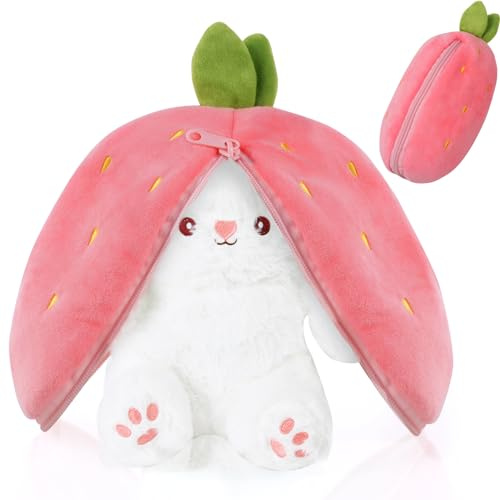 OSDUE Hasen Verstecken Flip Plüsch Spielzeug, Plüschtier Hase, Erdbeeren Karotten Hase mit Reißverschluss, Geburtstagsgeschenk für Jungen, Mädchen, Kinder (33cm Rot) | Puppet Spielzeug Doppelseitig Weiche Ohren, Osterhase Plüsch Kaninchen Tiere Puppe Dekorationen Geschenk