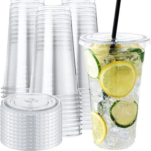 Ol gastro bedarf 100 Stk Smoothiebecher 300ml + Flache Smoothie Deckel PET Mit Schlitz 95mm