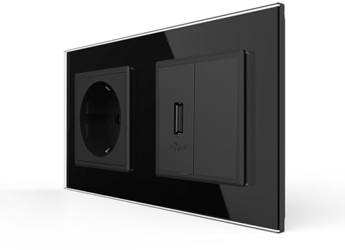 Livolo Steckdose + USB Dose zum Aufladen Einbausteckdose Schutzkontakt Wandmontage Unterputz Einbau Schuko Buchse Stecker Doppelsteckdose im Glasrahmen Schwarz VL-1USB-C1EU-12-A