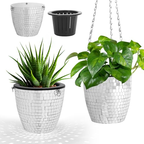 Qiumyanlod Mirror Disco Planter Hanger Hanging Basket,Silver Disco Hanging Planter,Plastic Disco Flower Pot Plant Hanger Plant Holder, Hanging Vase Disco Decor for Indoor Outdoor Plants,6 * 6 * 6IN