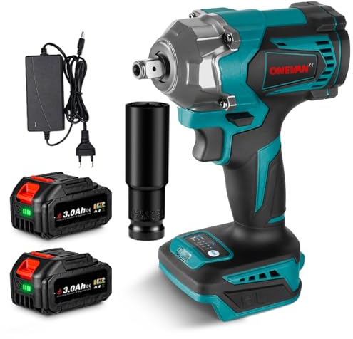 ONEVAN Akku Schlagschrauber, Bürstenloser Schlagschrauber Elektrisch, 700NM 4-Gang Drehschlagschrauber Impact Wrench für Auto Reifenwechsel (Blau, Mit 2 Akkus)