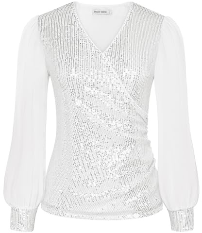 GRACE KARIN Damen Pailletten Bluse Chiffon Langarm Wickelbluse V-Ausschnitt Glitzer Party Tops Festliche Cocktail Oberteile