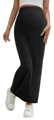 OYOANGLE Women's Maternity High Waist Long Maxi Skirt Casual Solid Adjustable Skirts Black X-Large