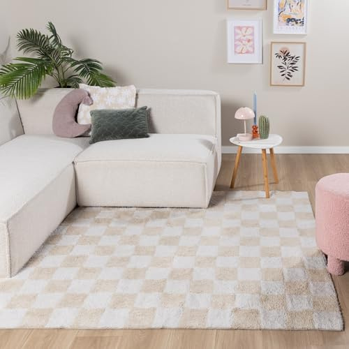 FRAAI | Home & Living Retro Teppich - Gambit Creme Weiß - 80x150 cm | Symmetrische, Blöcke - Modern, Retro - Wohnzimmer, Kinderzimmer, Schlafzimmer - Fellteppich